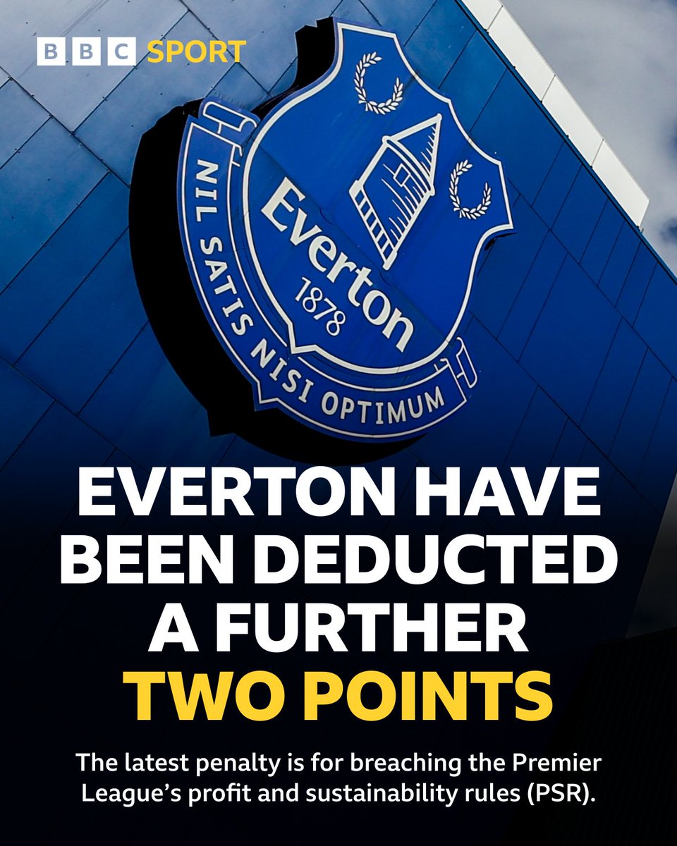 Everton’s latest deduction drops them down a place to 16th in the Premier League table. #BBCFootball #efc #PL