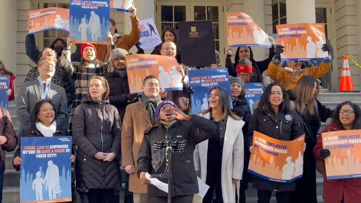 Caroline Scown, CPC's Civic Engagement and Training Manager, joined our partners in the #OurCityOurVote coalition and @alexaforcouncil to call on our courts and electeds to protect #LocalLaw11 and the rights of 800,000 immigrant NYers to participate in municipal elections.