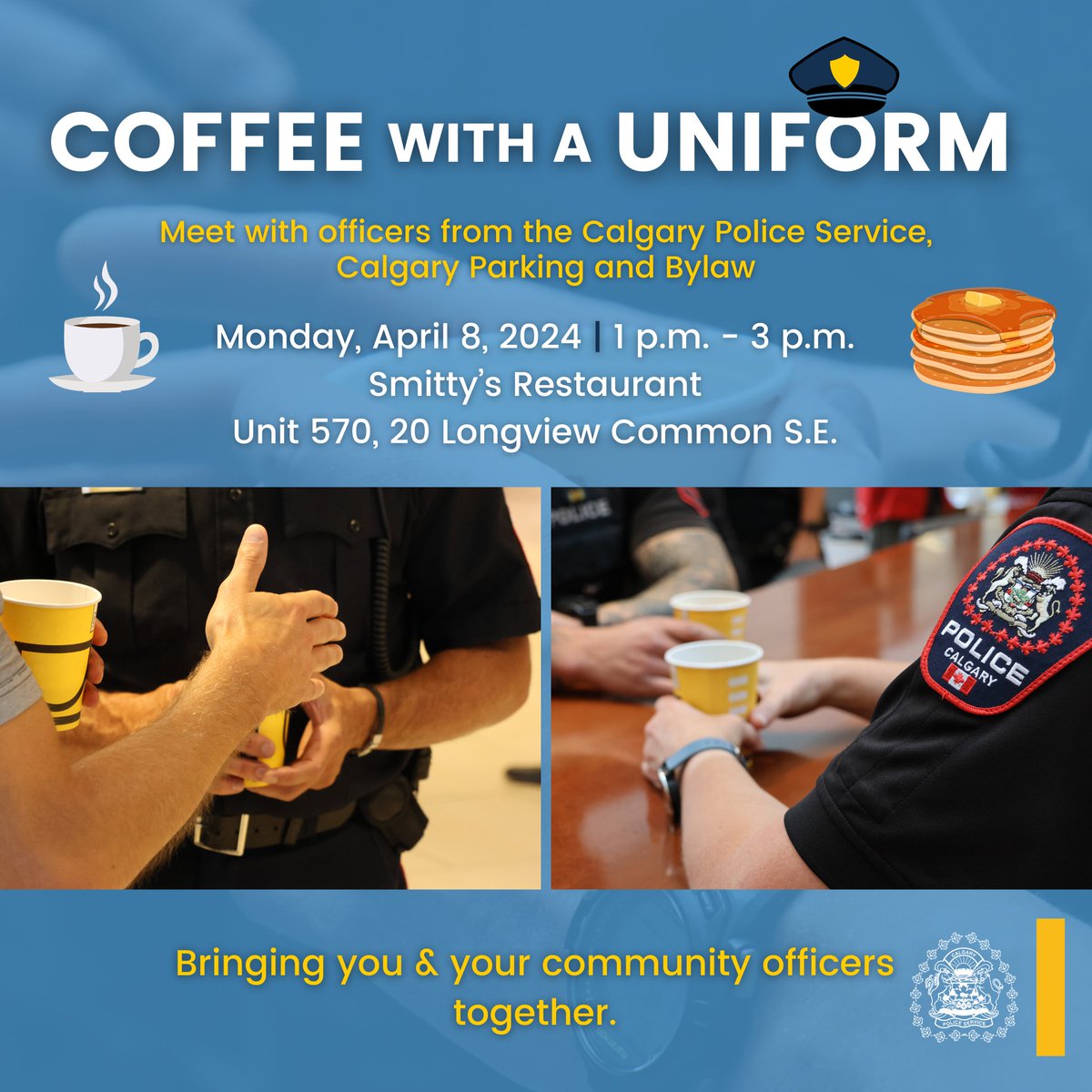🥞 ☕ Stop by the Smitty’s Restaurant in Legacy today, from 1 p.m. to 3 p.m., for #CoffeeWithAUniform. 

Your CRO will be in attendance to answer questions & discuss safety & crime prevention topics relevant to the area over a cup of coffee & maybe some pancakes!