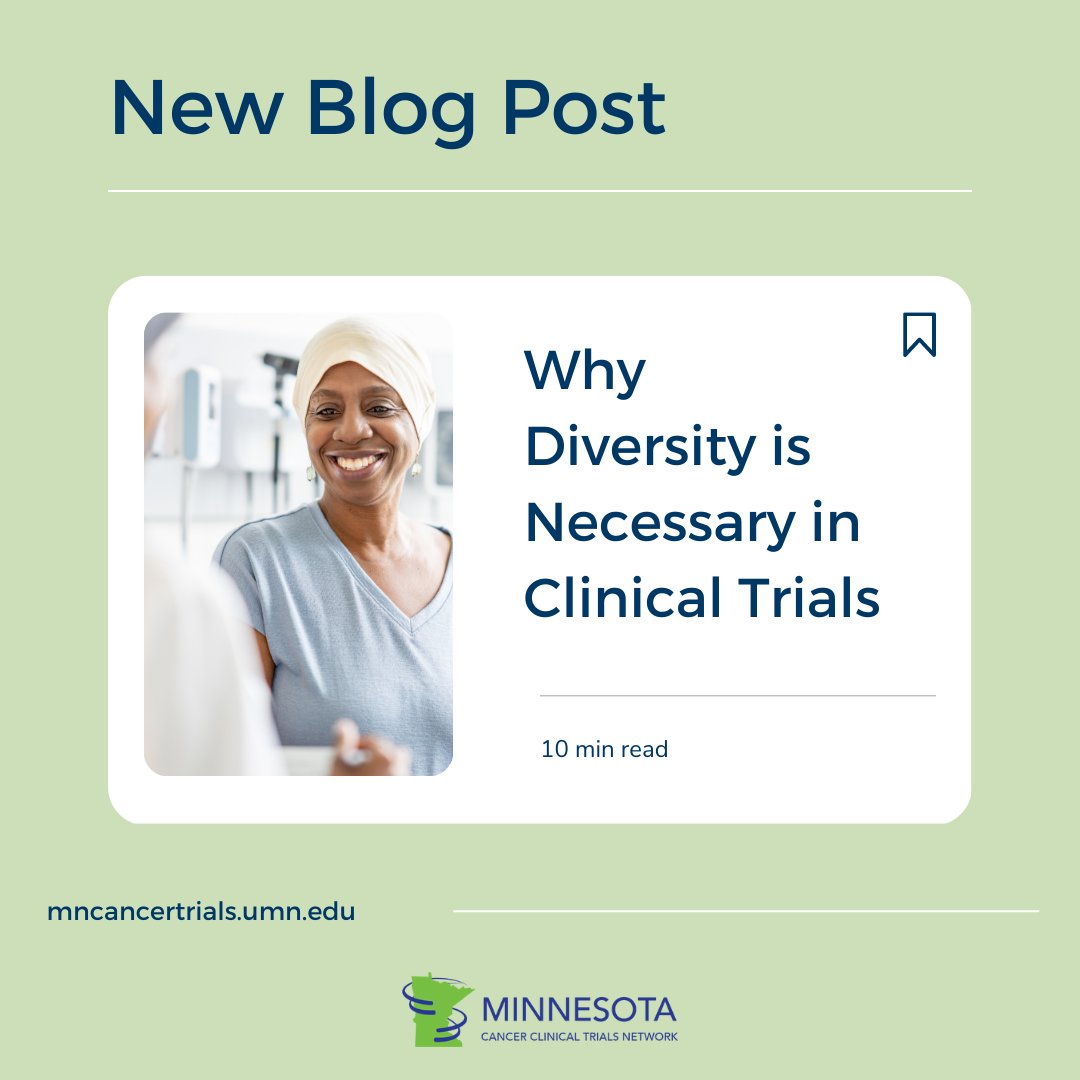 April is National Minority Health Month. In recognition of this month, check out a blog post about why diversity is necessary in clinical trials for study generalizability, health equity, ethics, and more on the #MNCCTN blog: cancer.umn.edu/mncctn/news/mi… #clinicaltrials #cancer