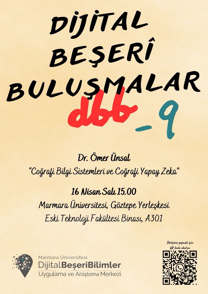 Dijital Beşerî Buluşmalar'ın (dbb) 9’uncusu, Dr. Ömer Ünsal’ın (@omerunsa1) katılımıyla, 16 Nisan Salı 15:00'te, @DBB_CDH @marmarauniv Göztepe yerleşkesinde... Coğrafi bilgi sistemleri ve coğrafi yapay zeka üzerine konuşacağız. Takviminize eklemek için: bit.ly/4cMWfHS