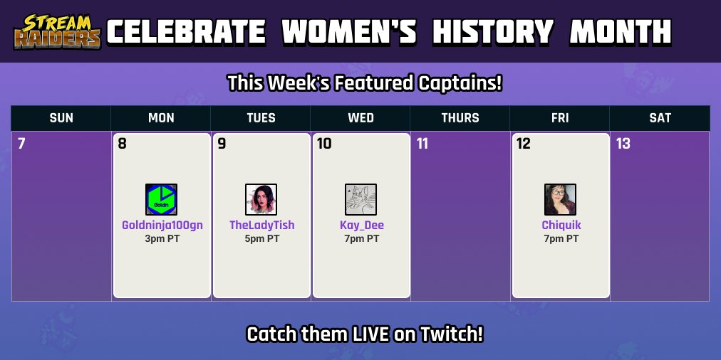 Our final week of Women's History Month Spotlight Streams starts today! Tune in to support these excellent creators and for a chance to win some exclusive skins!