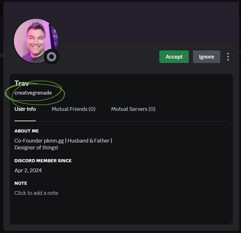 It’s been brought to my attention that I’m so popular and loved by millions that people are impersonating me and sending friend requests/messages on Discord. Pay close attention to the username which here you can see is incorrect. My username is spelled: creativegrenade