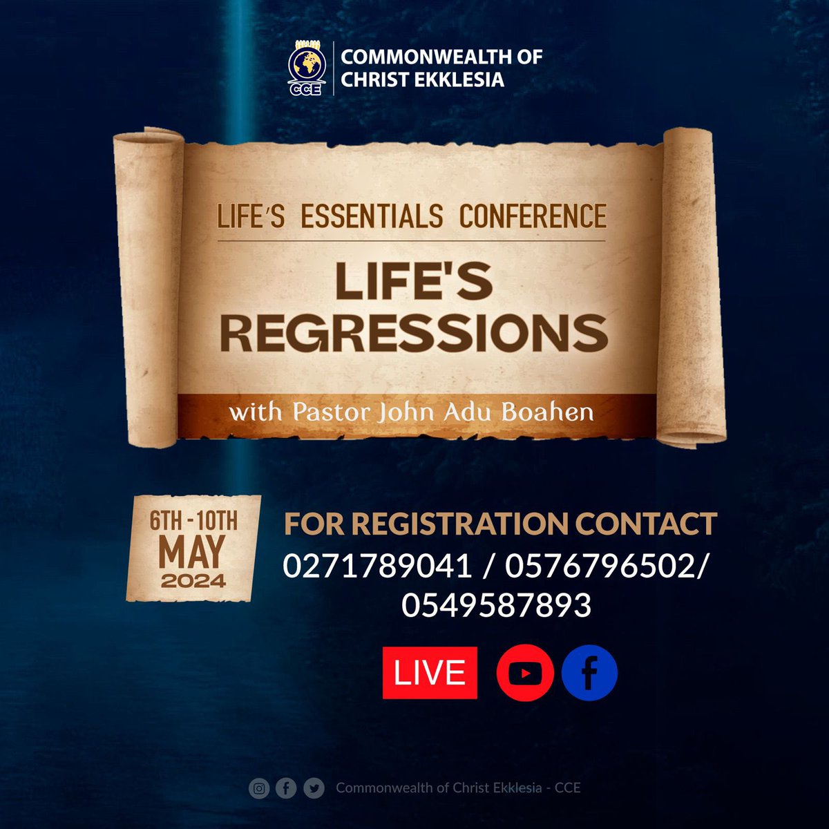 *'LIFE ESSENTIAL CONFERENCE'* themed *'LIFE'S REGRESSION'* with the man of God Pastor John Adu Boahen (PEJAB) comes off this May, from the 6th - 10th May 2024. 'Unlock the mysteries about incarnations, karma, reoccurring patterns, among others which will aid in living a divine…