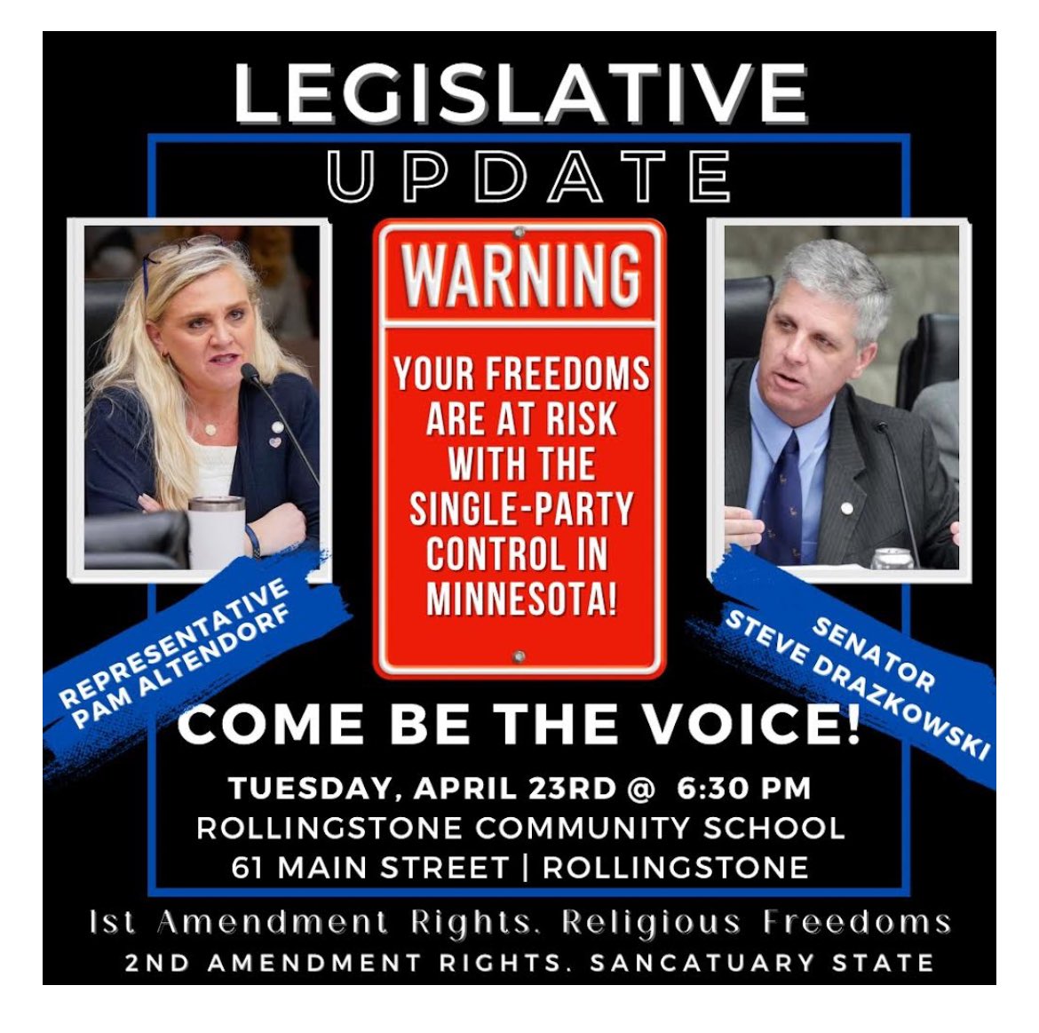 FREEDOMS at RISK Tues, Apr 23 @ 6:30pm WINONA AREA ▶️1st Amendment ▶️Religious Freedoms ▶️2nd Amendment ▶️Sanctuary State ALL under attack w/ the 1-party control we’re suffering from in MN! Get informed! Get Energized! Get Active & help us #SaveMN #FlipMNHouse @SteveDraz