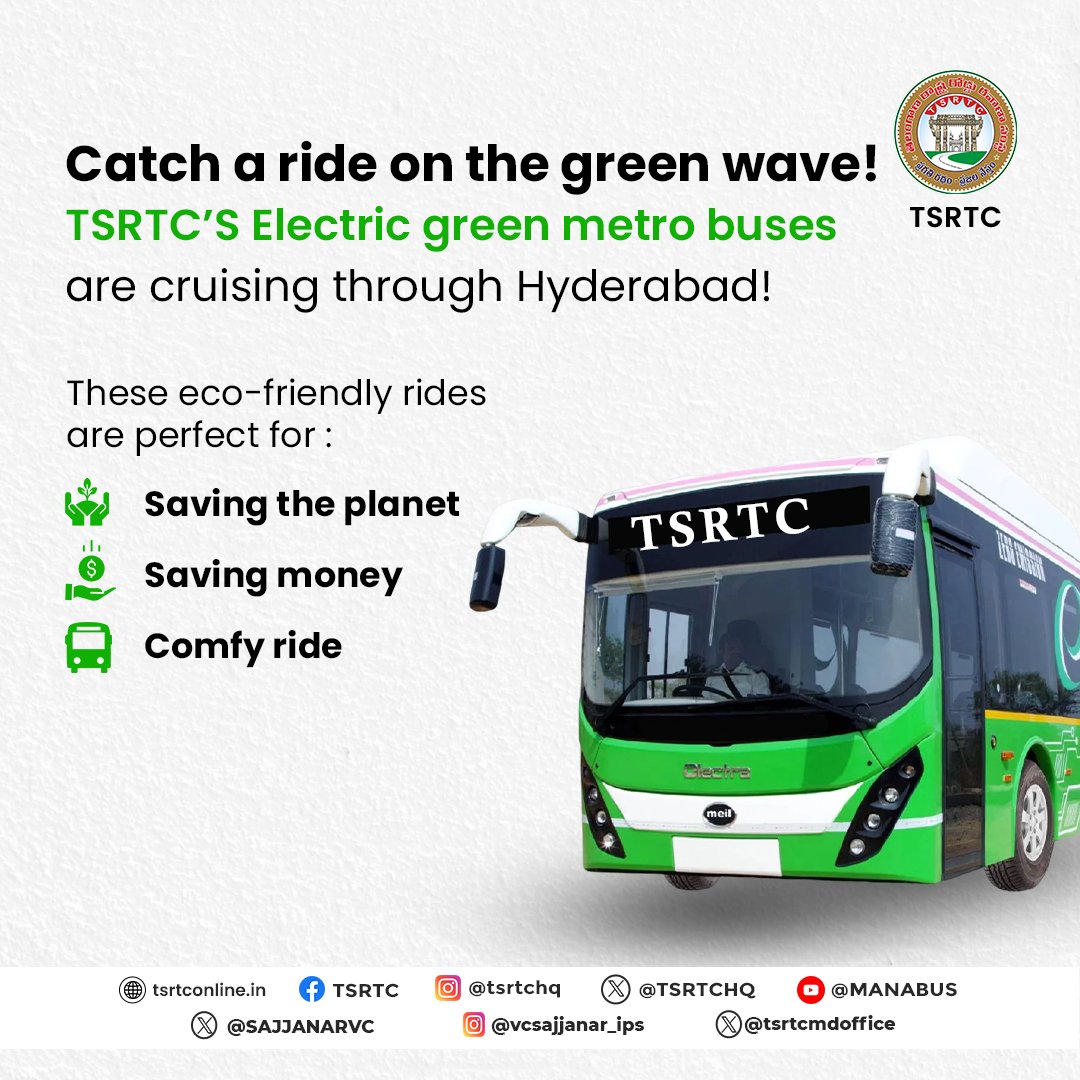 Let's go green! Choose a sustainable commute with TSRTC's Electric Green Metro Express
.
.
.
#tsrtc #tsrtcbuses #publictransport #pushpakroutes #metrobuses #electricbuses
#publictransportation #transportation #transport