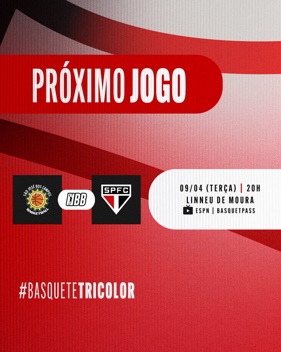 Confira o próximo e último jogo antes dos playoffs do NBB! 🆚 São José 🗓️ 09/04 ⏰ 20h 🏟️ Linneu de Moura 📍 São José dos Campos (SP) 📺 ESPN e Basquetpass #BasqueteTricolor #VamosSãoPaulo 🇾🇪