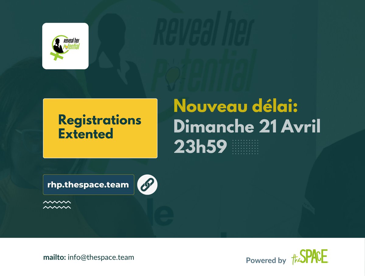 theSPACEngo's tweet photo. We are extending registrations.

Si vous n'êtes pas encore inscrit au projet "Reveal Her Potential", ne vous inquiétez pas ; nous prolongeons le délai jusqu'au 21 avril.
Registration Link 📷 https://t.co/EDrRQG4G1E

#revealherpotential #IWD2024 #fedsaeibenin #Cotonou #portonovo https://t.co/LRkDoc9eqR