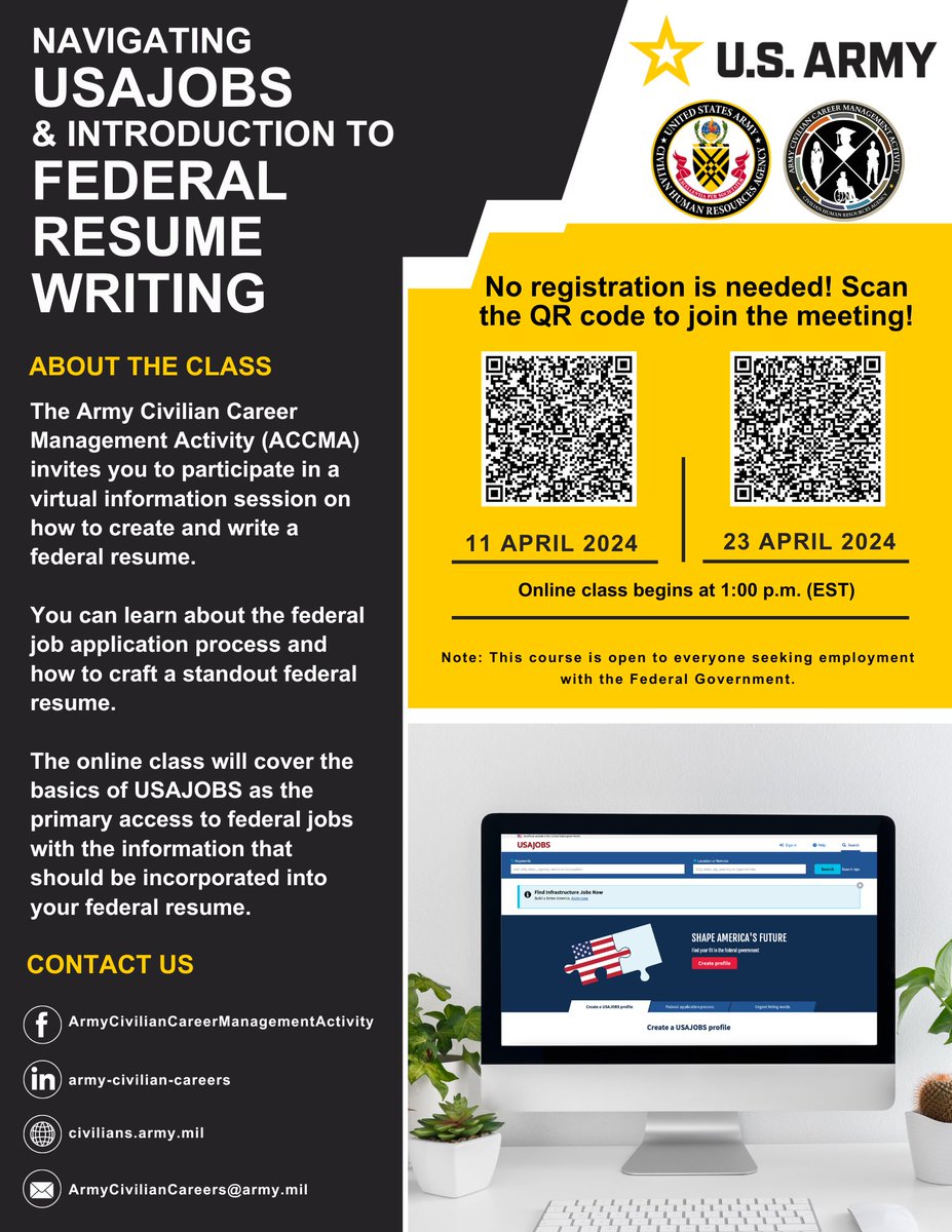 The Army Civilian Career Management Activity (ACCMA) invites you to participate in a virtual information session on how to create and write a federal resume