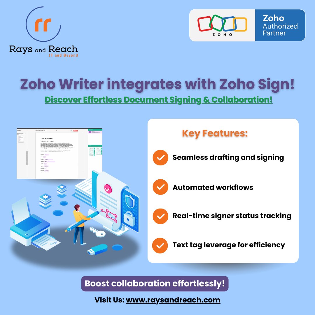 Rays_and_Reach's tweet photo. Unlock the power of collaboration with @Zoho Writer & @Zoho Sign integration.
Simplify your workflows today! Learn more: https://t.co/uuHVVOhuE6
Connect with us at www.raysandreach or drop us an email at contact@raysandreach.com
#ZohoWriter #ZohoSign #RaysAndReach #ZohoPartner https://t.co/F38sHM9Ybi