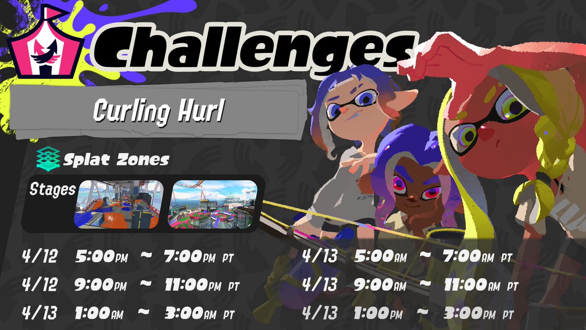 The Curling Hurl Challenge slides into action from 4/12 to 4/13! You can only use weapons with the curling bomb sub weapon, but its size and damage are dramatically increased!