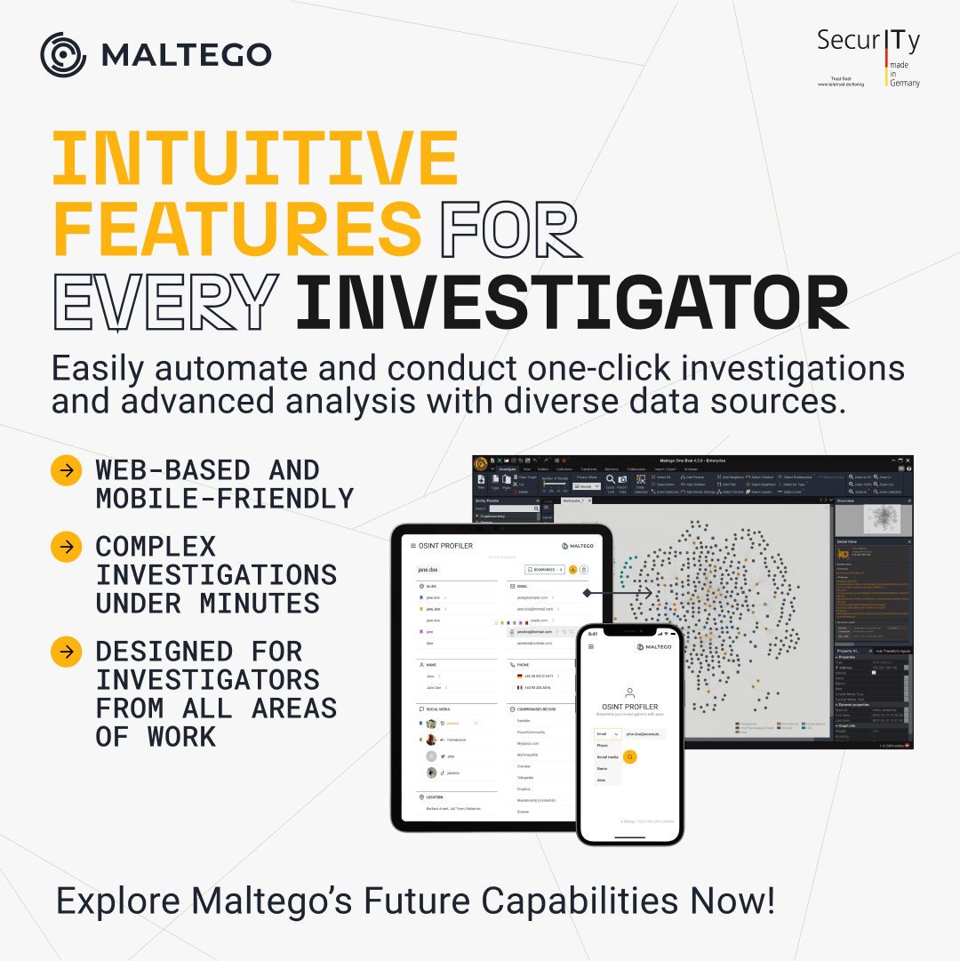 Tailored for every level of investigators, #Maltego’s upcoming capability is focused on developing intuitive features that allow easy automation, one-click investigations, and advanced analyses across various data sources. See #Maltego’s product roadmap: get.maltego.com/product-update…