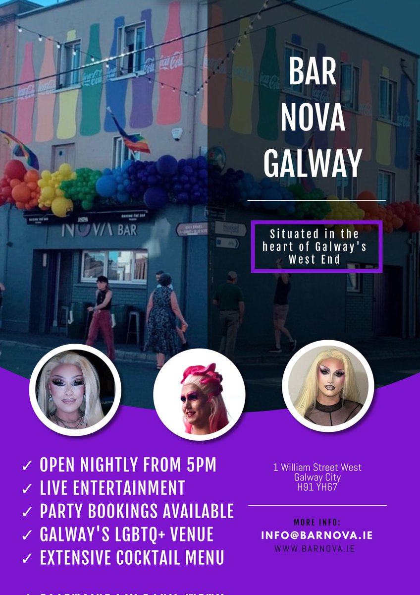 We are delighted to have Bar Nova on board to sponsor our Widow Corney, played by Heather Colohan! 

Bar Nova is Galway' premiere LGBTQIA+ venue l, located in the busy West end of the city! 

Thank you for your sponsorship, and be sure to visit Bar Nova for a fabulous night out!