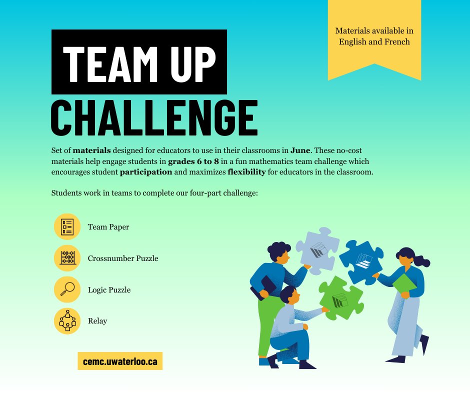 The #CEMC Team Up Challenge provides educators with materials to get students engaged in a #math activity in the classroom in June. Designed for students grades 6 to 8, this challenge promotes collaboration while problem solving. Register by May 31, 2024 bit.ly/3TLGokf