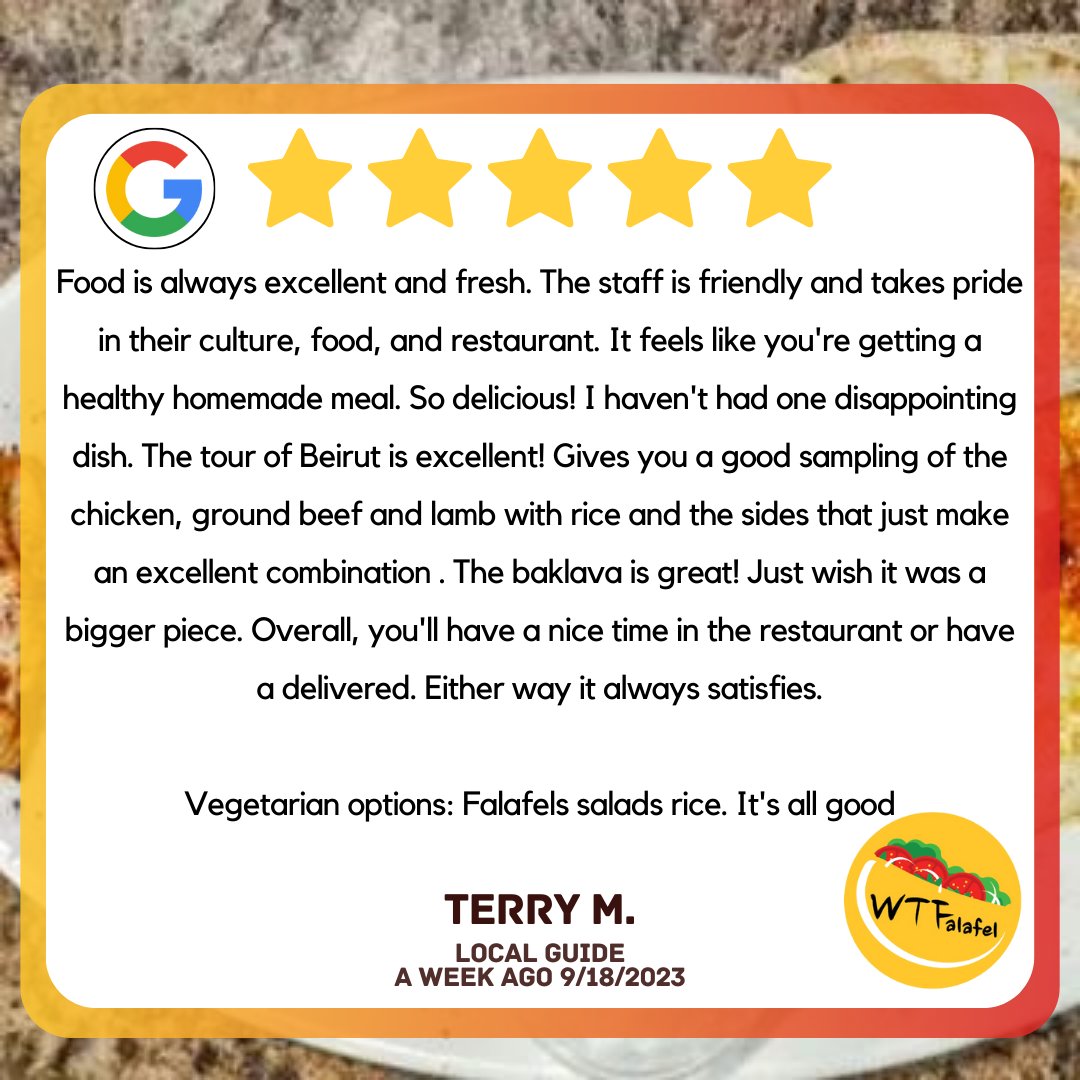 Thank you, Terry, for your fantastic review! 🙌 We're thrilled to hear that you enjoyed your experience and the delicious food at WTFalafel! Bringing the authentic flavors of Lebanon straight to your table is what we're all about! 📍12220 Pigeon Pass Rd. Moreno Valley #Cus ...