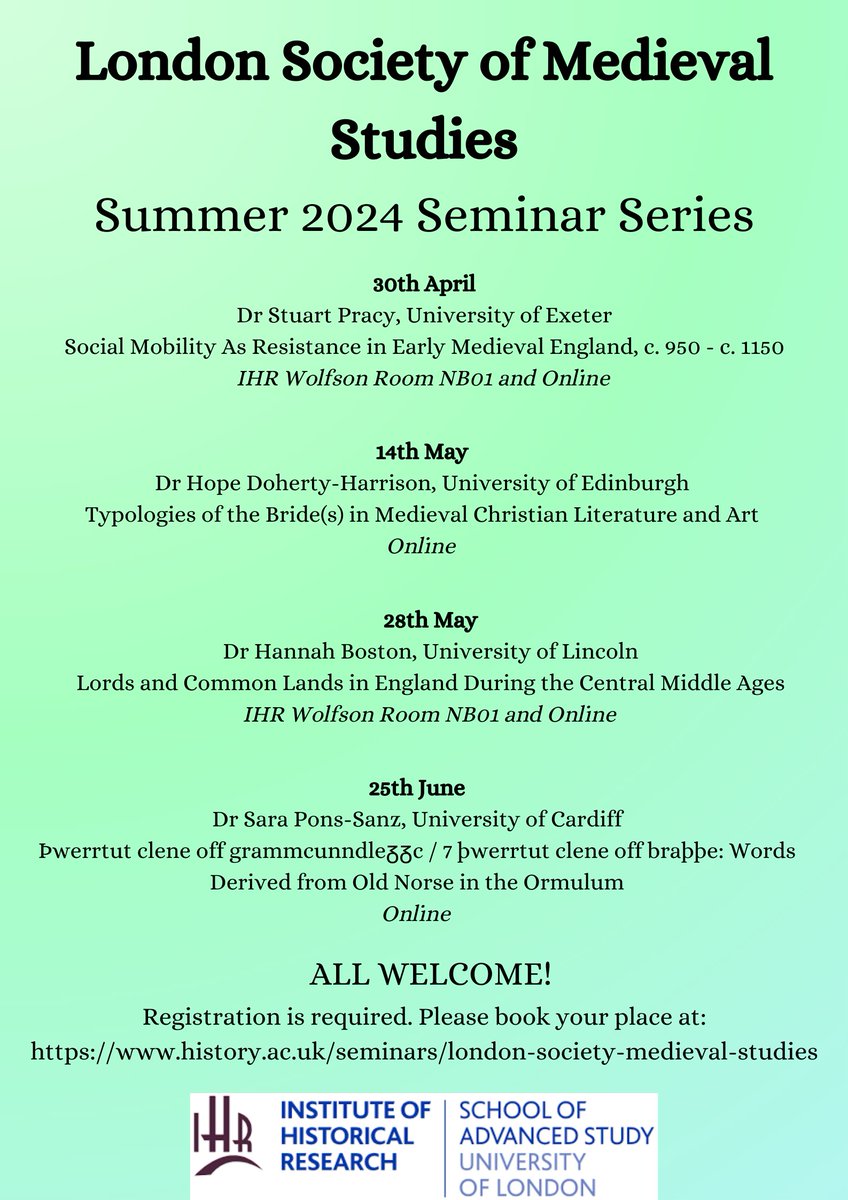 The London Society for Medieval Studies is thrilled to announce the speakers for the Spring/Summer seminar series! We're delighted to be welcoming Dr Stuart Pracy, Dr Hope Doherty-Harrison, Dr Hannah Boston and Dr Sara Pons-Sanz for a fascinating set of talks. Please join us!