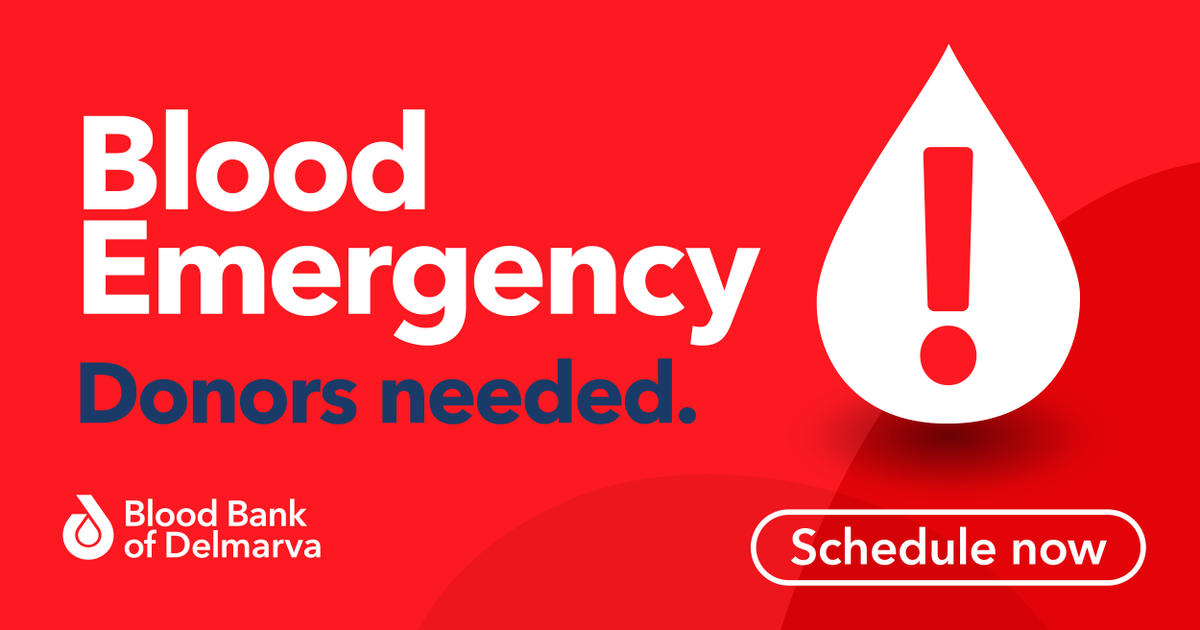 It's time to roll up your sleeves! Blood Bank of Delmarva has declared a blood emergency as our region's blood supply is at just 1 - 3 day levels. We're asking the community, especially young and first-time donors, to step up. Schedule a donation: bit.ly/3PVcwAD