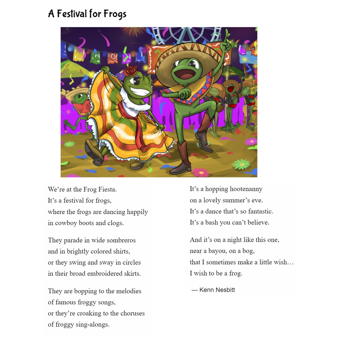 This new funny poem for kids is also the title poem from my brand new book, 'A Festival for Frogs.' poetry4kids.com/poems/a-festiv… #frog #party #fiesta #festival #mexican #childrenspoetry #poetry4kids