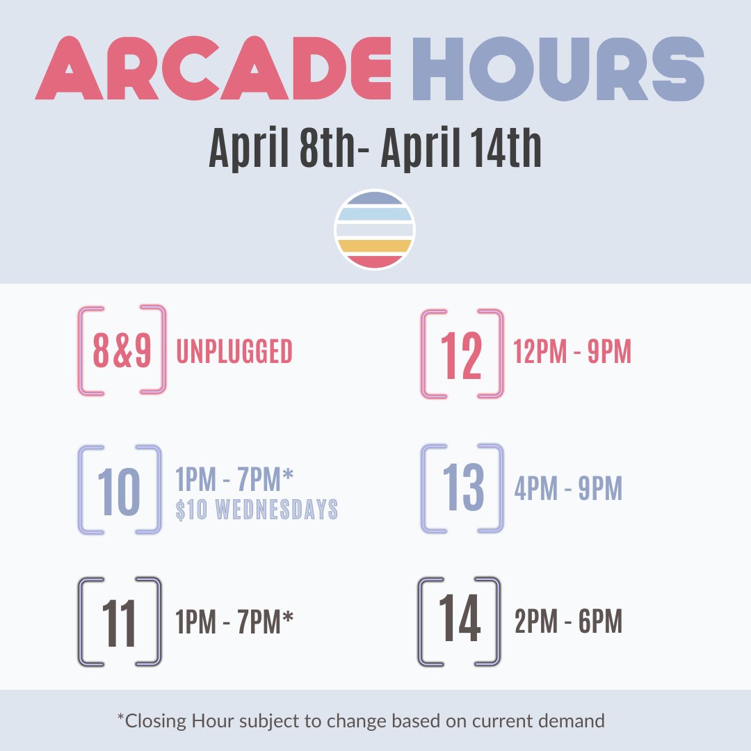 Here are the official Arcade Hours for April 8th- April 14th 2024! 

#GameOnState #ANEWAY #Arcade