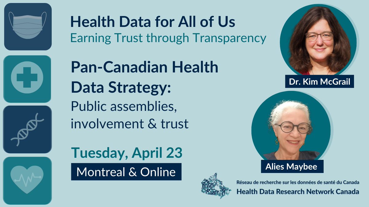 🧐How can #PublicInvolvement help build a trustworthy #HealthData system? #HDRNCanada CEO @kimchspr & @amaybee / @PatientAdvisors discuss the impacts of public involvement in their #HealthData4AllOfUs session 🗓️ April 23. Register ➡️ bit.ly/HD4A2024_TW