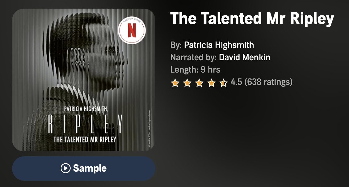In conjunction with the premiere of THE TALENTED MR RIPLEY on @netflix , @audible_com & @audibleuk have (smartly) repackaged the audiobook. audible.co.uk/pd/The-Talente…