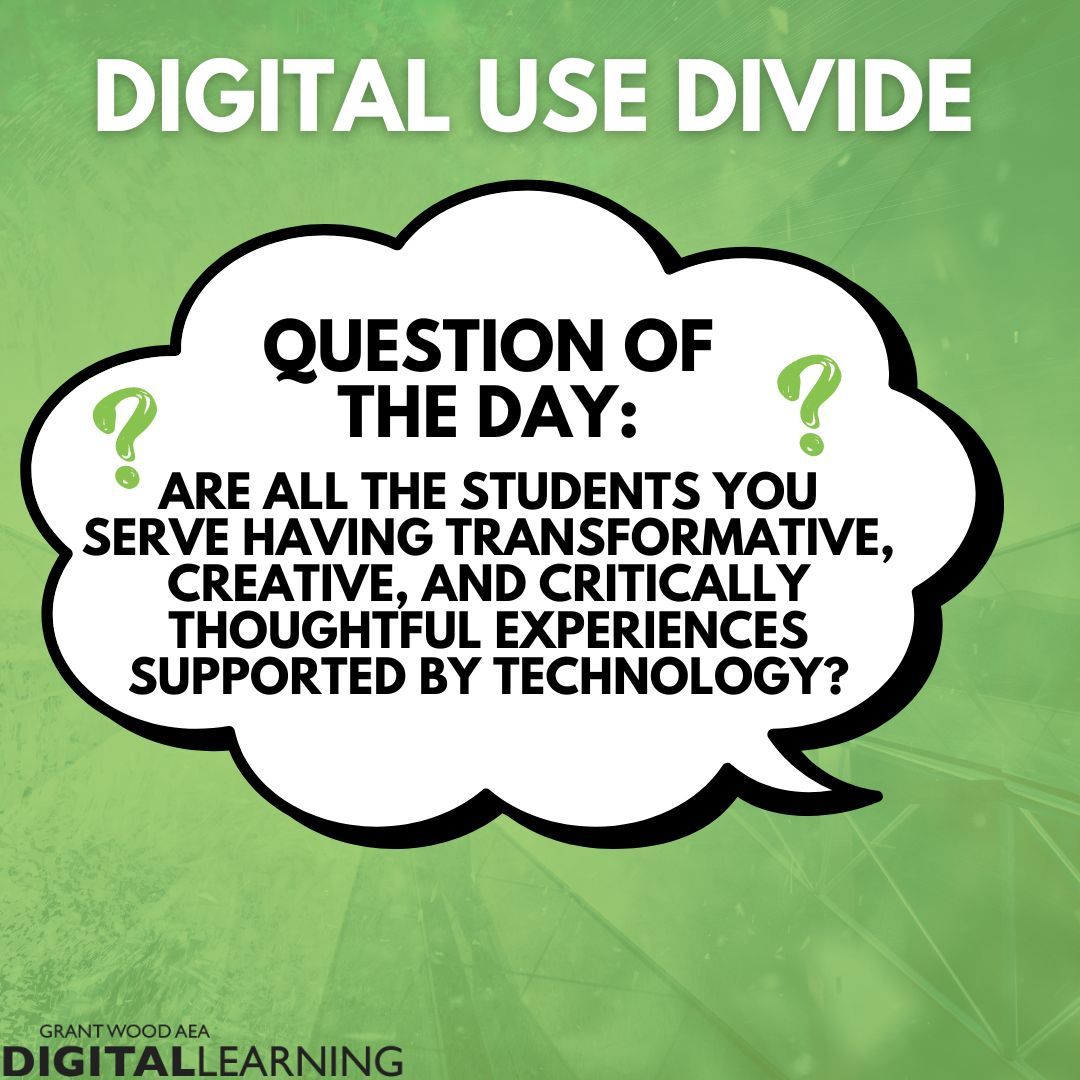 🤔 Question of the Day for Digital Use Divide: 💻 Are all the students you serve having transformative, creative, & critically thoughtful experiences supported by technology? 💻 Share experiences and insights! 💬 🗣️ Reach out to your DL Consultant to learn more! #edtech