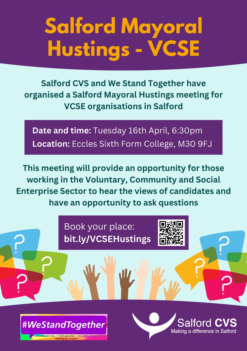 Make sure you have booked your place! Salford Mayoral Hustings for the VCSE sector📣 Next Tuesday evening 16th April at Eccles Sixth Form College Thid is an opportunity to hear the views of candidates and have an opportunity to ask questions Book now: lght.ly/cnfah6a