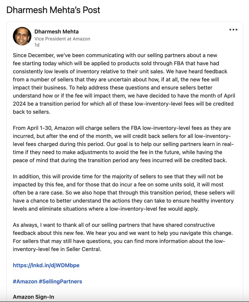 Amazon's new low-level inventory fee is getting a month-long grace period. Any occurred fees from the change will be credited back to the sellers at the beginning of May. 

Thoughts?