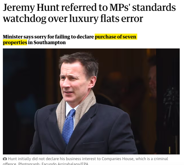 @PhilipIngMBE @LBwn3 @ITVNewsPolitics If you're bothered about Rayners few hundred quid wait until you hear about Hunt's SEVEN multi-million pound luxury flats 'error'. He somehow forgot that he owned them.