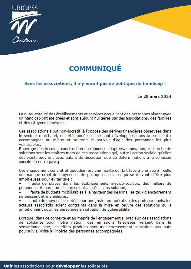 UriopssOC's tweet photo. Sans les associations, il n'y aurait pas de politique du handicap ! L’URIOPSS Occitanie soutien le secteur associatif des solidarités, et appelle à la construction de politiques sociales à la hauteur des besoins. Retrouvez-en plus dans notre communiqué : https://t.co/v1XpmITshf https://t.co/0kRwxRPabq