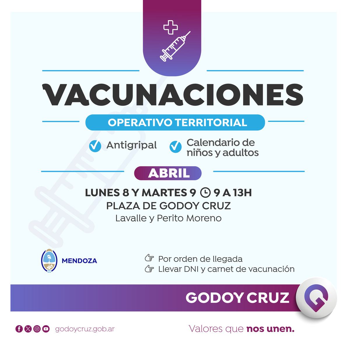 MuniGodoyCruz's tweet photo. 💉 El operativo territorial de vacunación se extiende hasta el martes 9/4. Se atiende de 9 a 13h por orden de llegada. Quienes asistan deben llevar su DNI y carnet de vacunación.
📲 Más info: https://t.co/q7MevINL3y https://t.co/b5MuM7pC6q