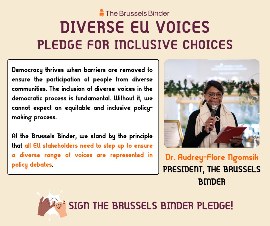 💪🏽Do you want to take an active role in ensuring stronger #diversity and #inclusion in EU policy debates? If you share the words of our President, Dr. Audrey-Flore Ngomsik, sign our pledge and become part of the change! brusselsbinder.org/eu2024-diverse…