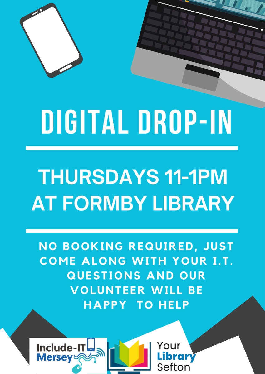 Digital drop-ins are great for those who aren't fully confident in using computers, tablets or smartphones, with support provided by volunteers from Include-IT Mersey. No booking required. Crosby - Mondays, 2pm-4pm Southport - Wednesdays, 10am-1pm Formby - Thursdays, 11am-1pm