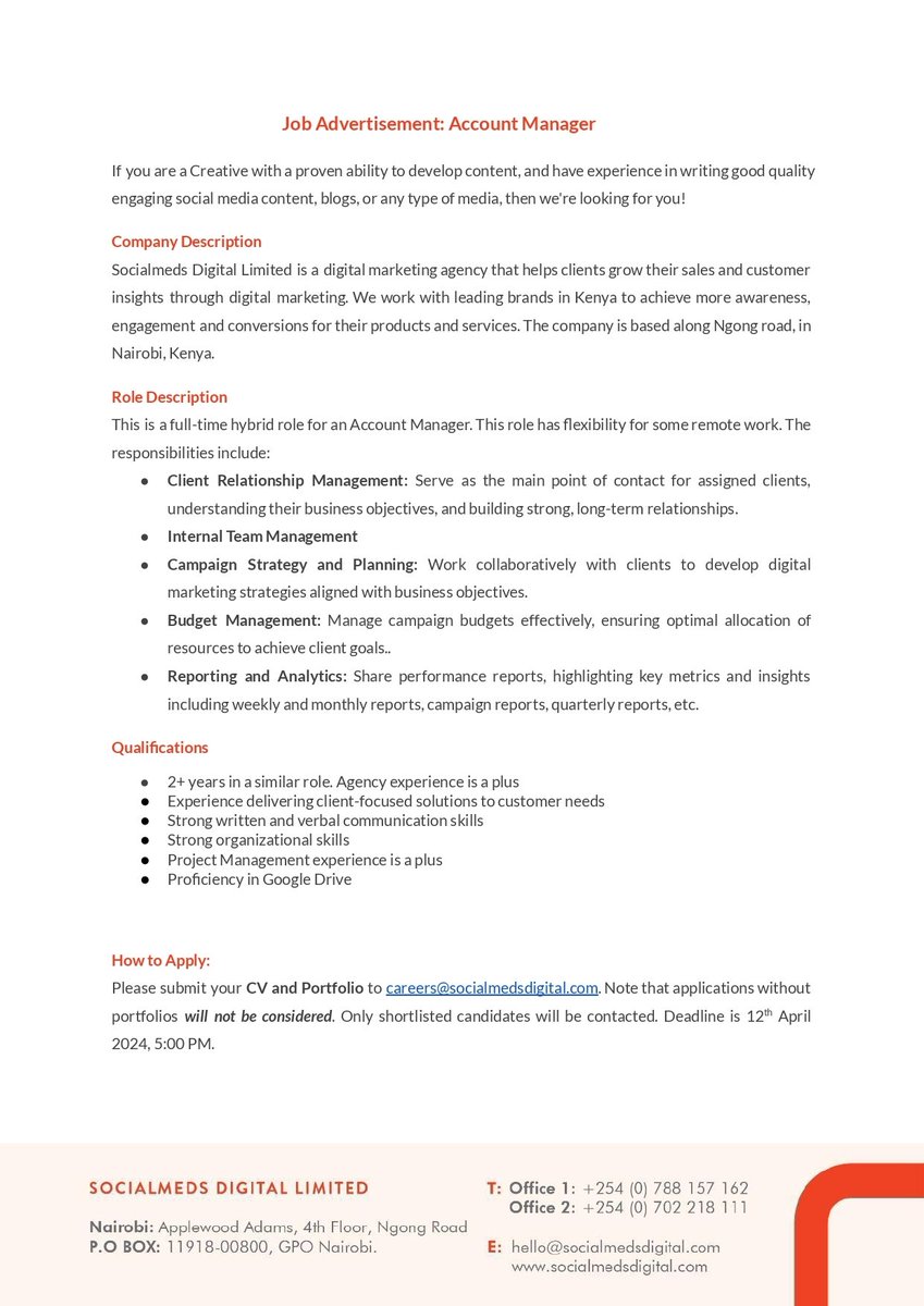 Socialmeds Digital (@socialmedsdgtal) on Twitter photo Do you come alive at the mention of words like; strategy, planning, and management? Are you experienced in delivering client-focused solutions to customer needs in an agency setting? If the answer is a big yes, send your CV and portfolio to careers@socialmedsdigital.com by Do you come alive at the mention of words like; strategy, planning, and management? Are you experienced in delivering client-focused solutions to customer needs in an agency setting? If the answer is a big yes, send your CV and portfolio to careers@socialmedsdigital.com by
