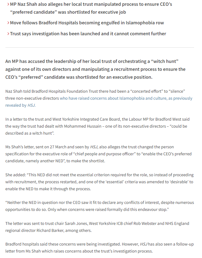 NEW: Trust is waging ‘witch hunt’ against own director, alleges MP

Internal letter from <a href="/NazShahBfd/">Naz Shah MP</a> also alleges <a href="/BTHFT/">Bradford Teaching Hospitals NHS FT</a>  manipulated process to ensure CEO’s “preferred candidate” was shortlisted for executive job

Story: hsj.co.uk/bradford-teach…