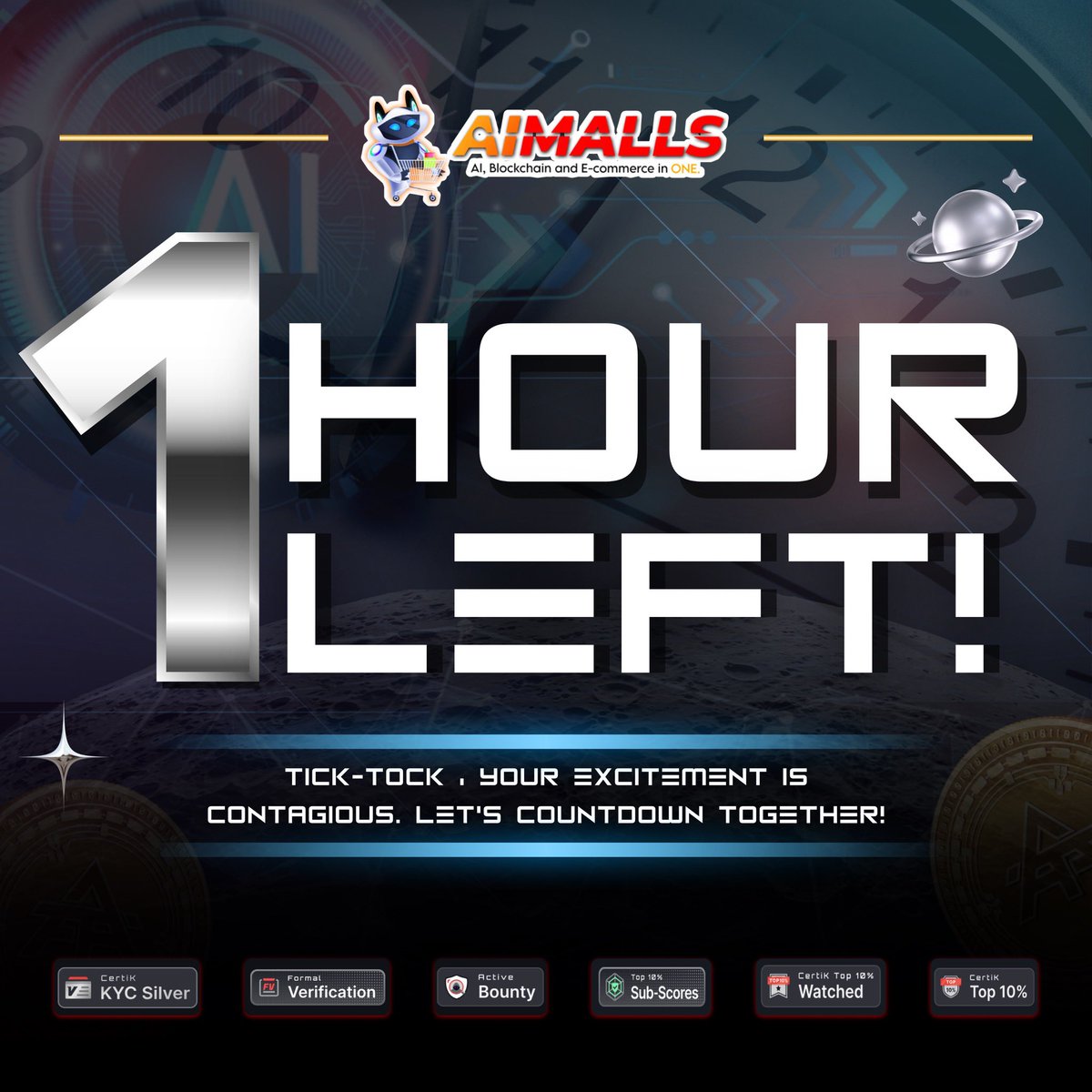 ⌚️Only 1 HOUR LEFT! Tick-tock⏰ , Your excitement is contagious. Let’s countdown together! Guess what? The community’s eagerly awaited revelation is just around the corner! #AiMalls #AIT #Countdown #1hourleft #Innovation #Defi #Ecommerce $AIT🚀