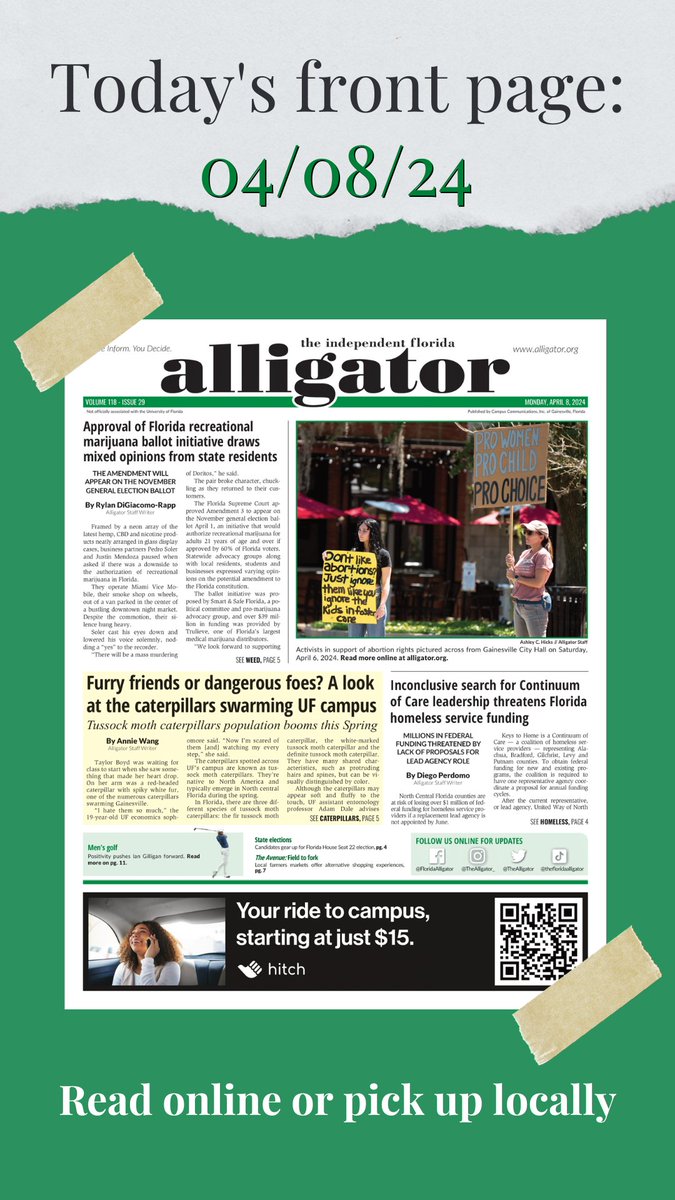 Today's front page: Approval of Florida recreational marijuana ballot initiative draws mixed opinions from state residents, Furry friends or dangerous foes? A look at the caterpillars swarming UF campus and Continuum of Care funding threatened