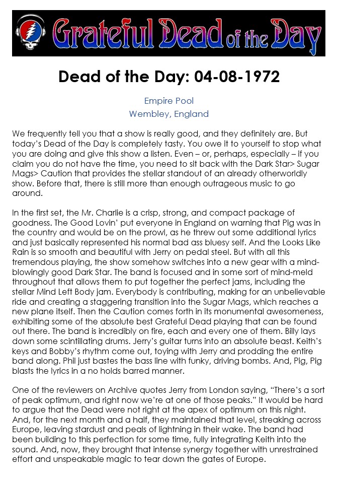 #UpNext on GDRADIO.NET
(at around 3:00pm eastern / 12:00pm pacific)
★ 1972-04-08 at Empire Pool Wembley in London, England ★
#OTD #DeadOTD #DeadHeads #GratefulDead #gratefuldeadmusic
(content courtesy of gratefuldeadoftheday.com)