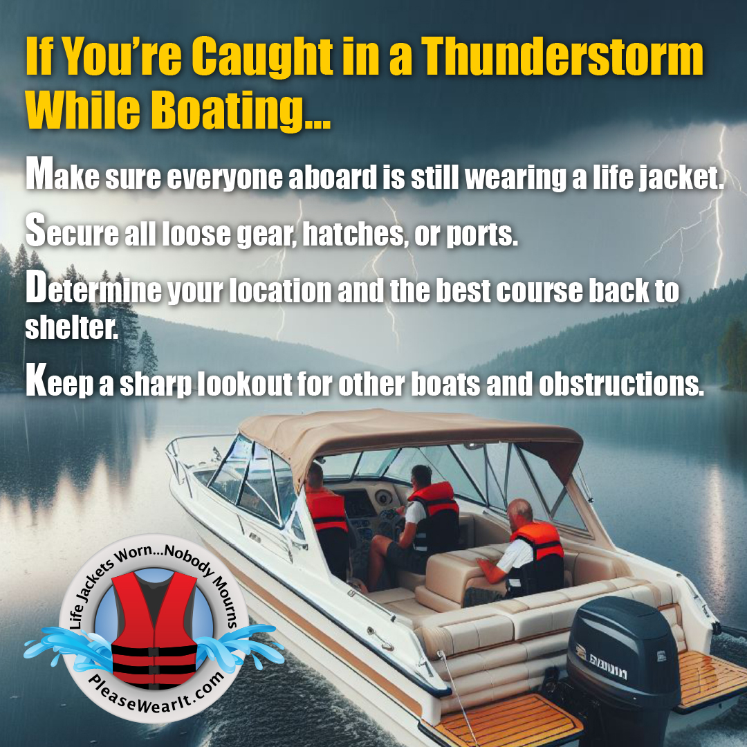 Boating season is here! Before heading out, check the weather forecast. Avoid boating in severe weather conditions such as storms, high winds, or fog. But if you are caught in a thunderstorm, check out these helpful tips to stay safe below! #watersafety #USACE #PleaseWearIt