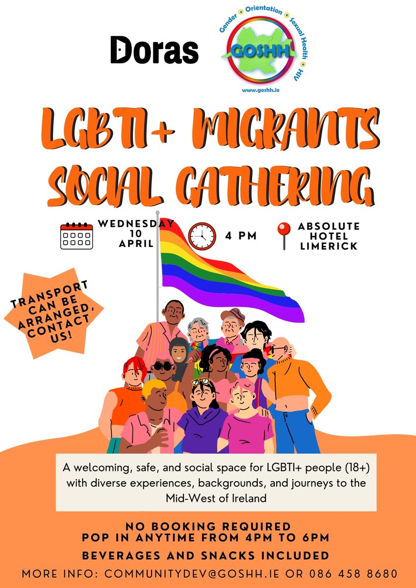 Are you a migrant aged 18+ looking for a welcoming space to connect with other members of the LGBTQ+ migrant community? Then join @DorasIRL and @GOSHHirl at their LGBTI+ Migrants Social Gathering on April 10 in Limerick.