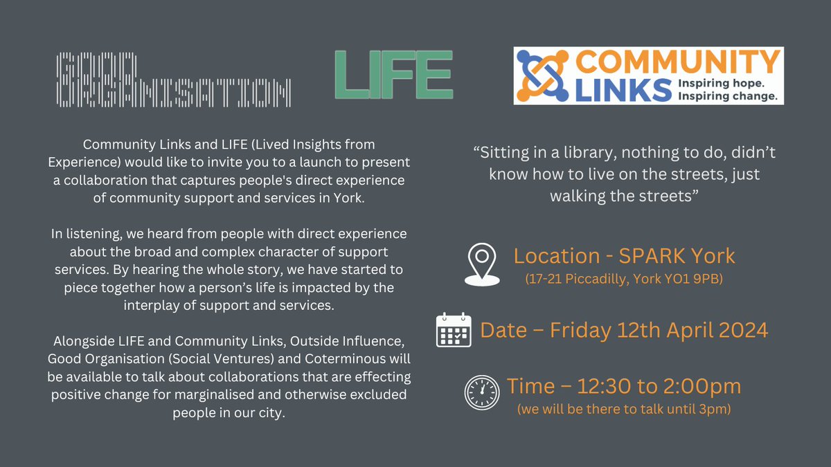 Don't miss out on @CLYork4's Launch on Friday! They have been working with @GoodOrgCIC, @LivedInsights and @OutsideInYork to create a platform for the people with complex needs in York to share their experiences of navigating through services. Come listen to their stories.