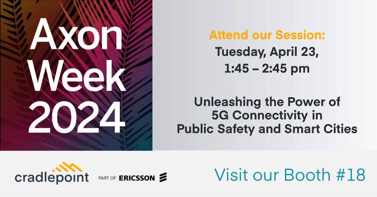 Book a meeting with Cradlepoint at #AxonWeek24! Learn more about how Cradlepoint’s Netcloud Service and wireless routers unlock the power of LTE and 5G for bulletproof connections to MDTs, surveillance and body cameras, sensors, on-board diagnostics. bit.ly/4cHo8kC