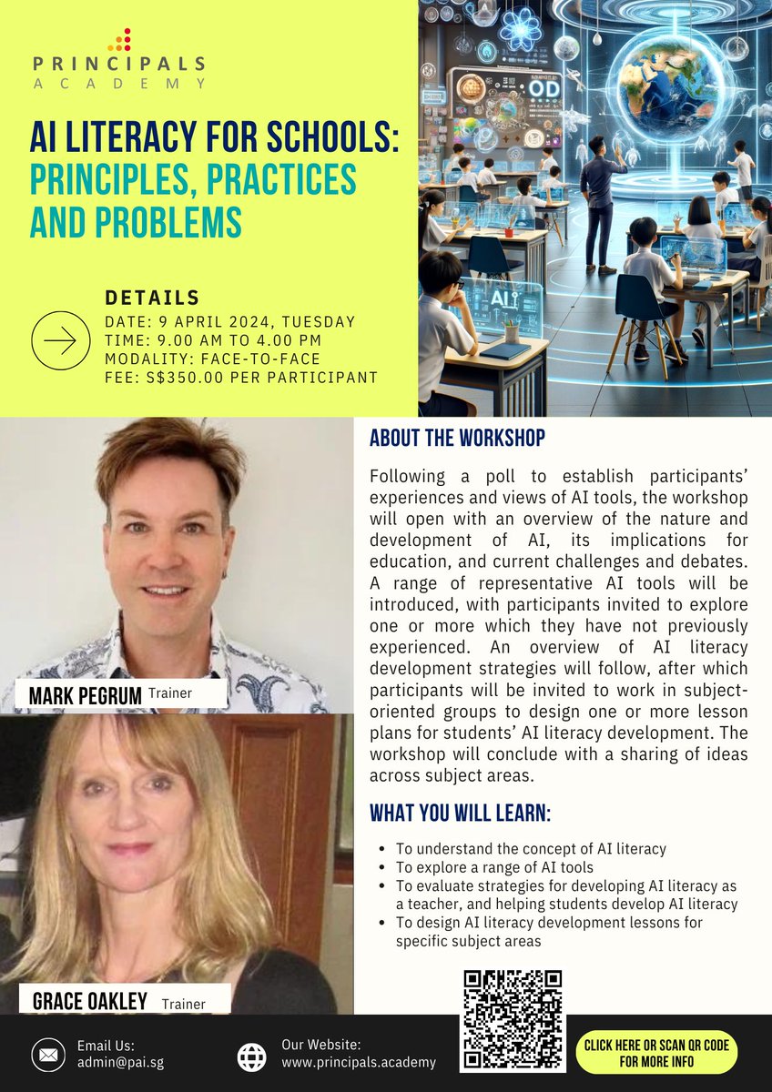 Mark Pegrum (@ozmark17) on Twitter photo Looking forward to running this workshop, 'AI Literacy for Schools: Principles, Practices and Problems', in Singapore tomorrow together with
<a href="/goakley1/">Grace Oakley</a> Looking forward to running this workshop, 'AI Literacy for Schools: Principles, Practices and Problems', in Singapore tomorrow together with
<a href="/goakley1/">Grace Oakley</a>