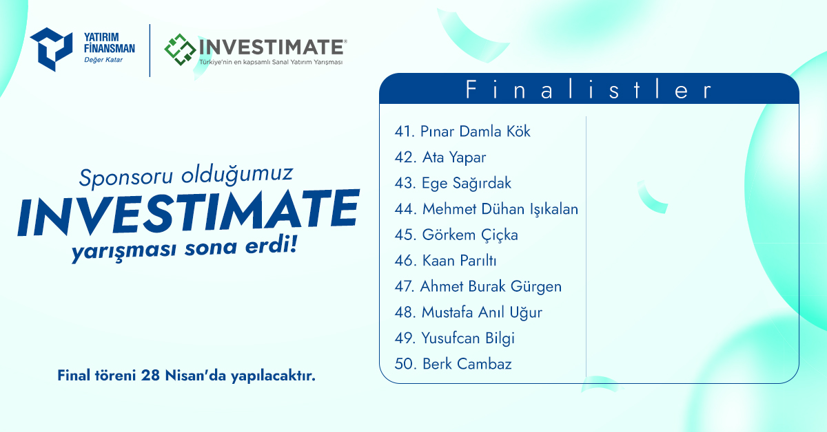 Ana sponsoru olduğumuz, Türkiye’nin en kapsamlı Sanal Yatırım Yarışması Investimate sona erdi! @InvestimateSY Geleceğin sermaye piyasaları profesyonelleri arasında kıyasıya rekabet yaşandı. Sermaye piyasalarının geleceğine ve finansal okuryazarlığa destek vermekten gurur…