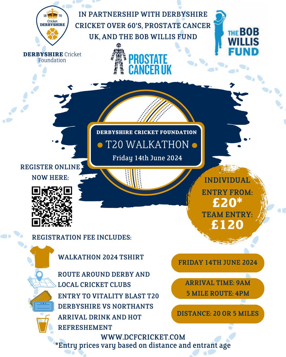 T20 Walkathon is LIVE!! You can sign up to this year's T20 Walkathon, in partnership with Derbyshire Cricket Over 60's! We are raising money for the DCF as well as for the @bobwillisfund and @ProstateUK. Find out more⤵️ dcfcricket.com/projects/t20-w…