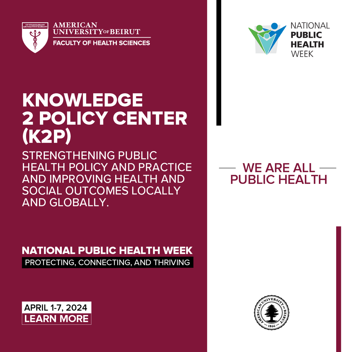 #FHS at #AUB is spotlighting its centers that are at the forefront of the battle for enhanced #PublicHealth in Lebanon & beyond.

#K2P is a knowledge management platform that bridges the gap between science, policy, and politics.

👉bit.ly/3POdi2g

#NPHW #NPHW2024