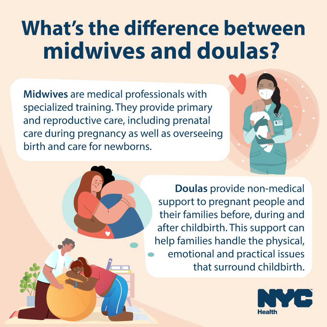 Do you know the difference? Midwives are medical professionals who provide primary and reproductive care, while doulas provide non-medical support to pregnant people and their families. Learn more: on.nyc.gov/3UgxkW5