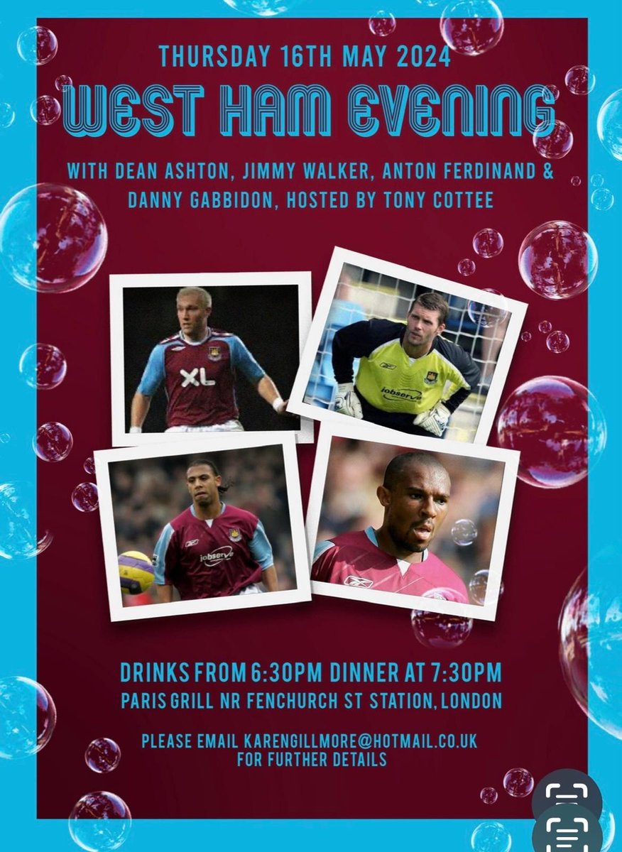 @TonyCottee9 is hosting this event near Fenchurch Street on 16 May with @anton_ferdinand @jimmywalker001 @TheDeanAshton and Danny Gabbidon. Tables of 4-12 very reasonably priced including a 3-course meal. Email karengillmore@hotmail.co.uk for more details will be a great night