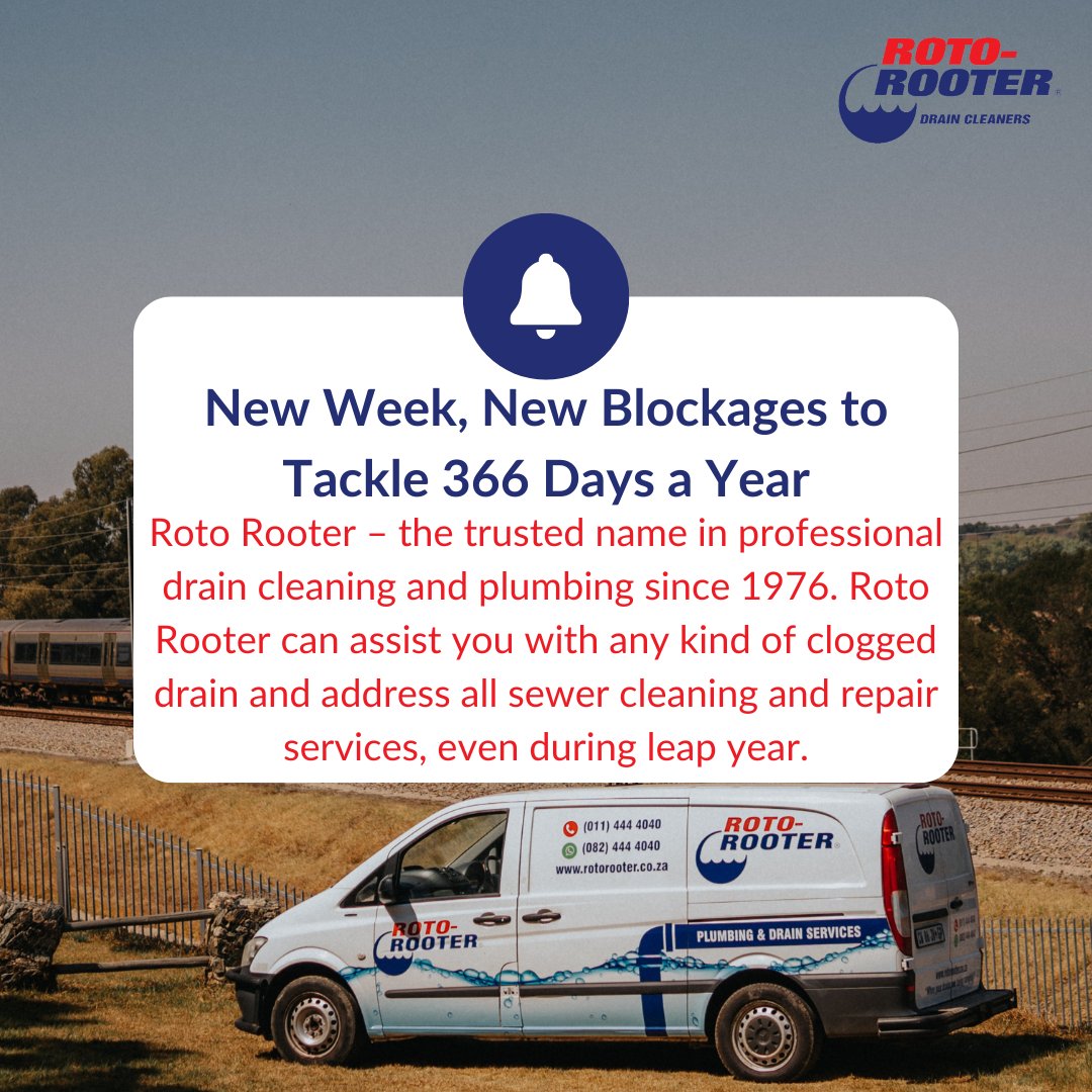 Don't let blockages disrupt your day - trust Roto Rooter to handle them swiftly and effectively, 366 days a year. Contact us today to schedule your service! 📞🔧 #NewWeekNewBlockages #RotoRooter #DrainageExperts #LeapYear