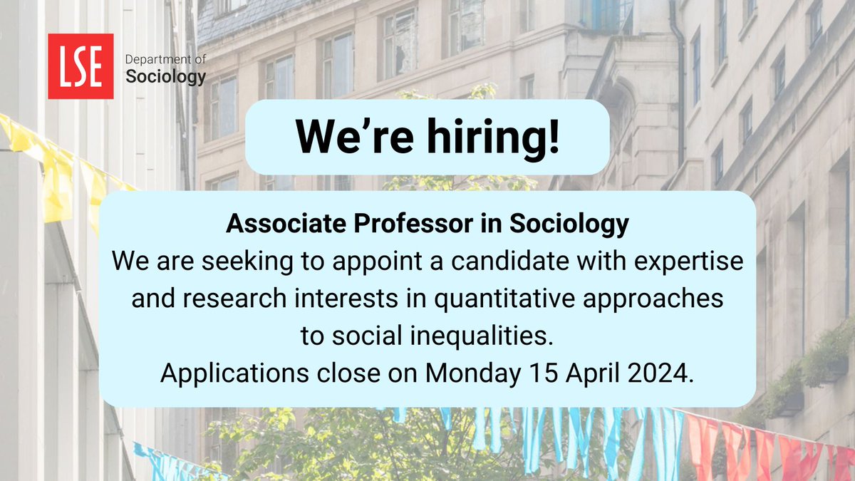 We are hiring an Associate Professor in Sociology!

We are seeking an exceptional researcher with a proven record of high-quality publications &amp; an emerging international reputation in quantitative approaches to social inequalities.

Apply by 15 April ➡️ bit.ly/3wTjxey